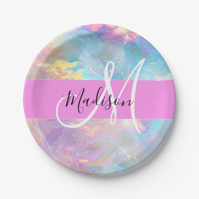 Name der Girly Rainbow Holographic Iridesgram Mono Pappteller (Vorderseite)