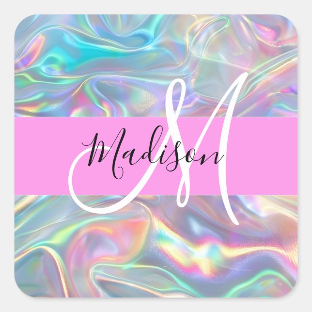 Name der Girly Rainbow Holographic Iridesgram Mono Quadratischer Aufkleber (Vorderseite)