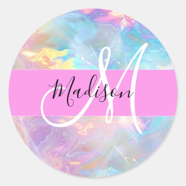 Name der Girly Rainbow Holographic Iridesgram Mono Runder Aufkleber (Vorderseite)