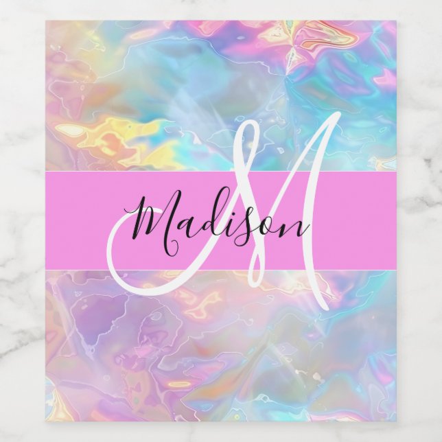 Name der Girly Rainbow Holographic Iridesgram Mono Weinetikett (Einzelnes Label)