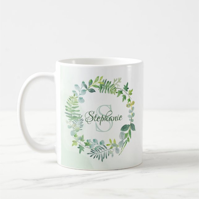 Name der Greenery Wreath Watercolor Monogram Kaffeetasse (Links)