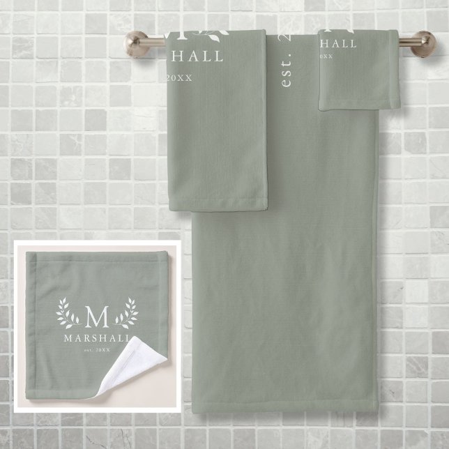 Name der grünen, modernen, eleganten, floralen Mon Badhandtuch Set (Green Modern Elegant Floral Monogram Name Bath Towel Set)
