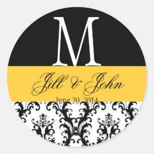 Name der Hochzeitmonogramm Datum Damaske Schwarz G Runder Aufkleber