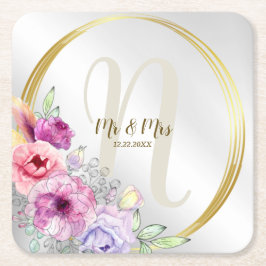 Name der Hochzeitsmonogramm farbenfroh rosa Blüten Rechteckiger Pappuntersetzer