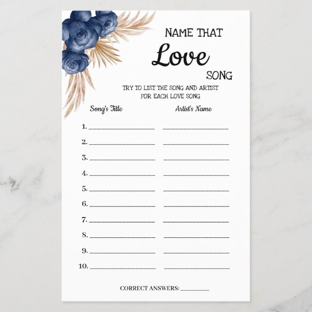 Name der Liebe Song Blue Flowers Dusche Game Card Flyer (Vorne)