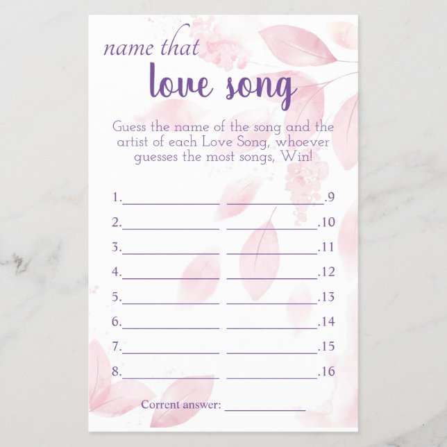 Name der Liebe Song Brautparty Game Card Flyer (Vorne)
