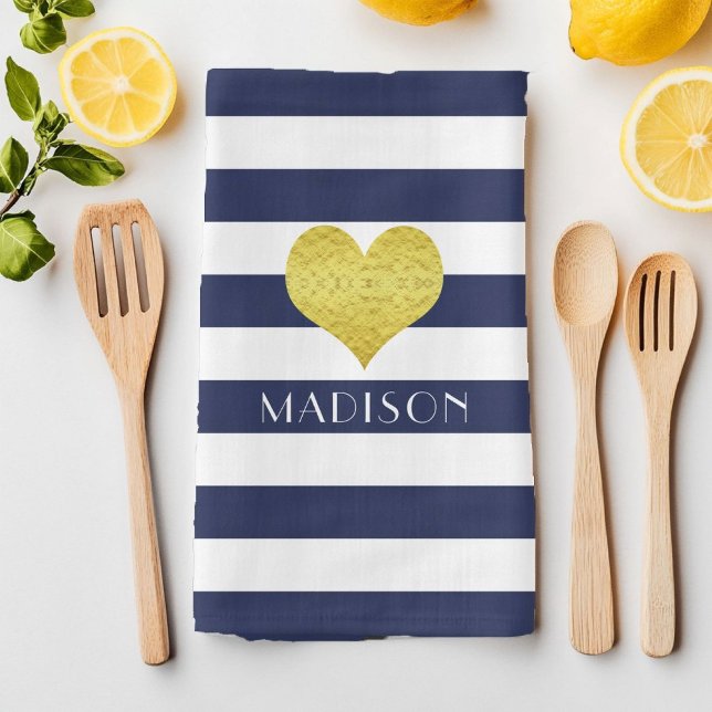 Name der modernen blauen Streifen Geschirrtuch (Modern Navy Blue Stripes Name Kitchen Towel)