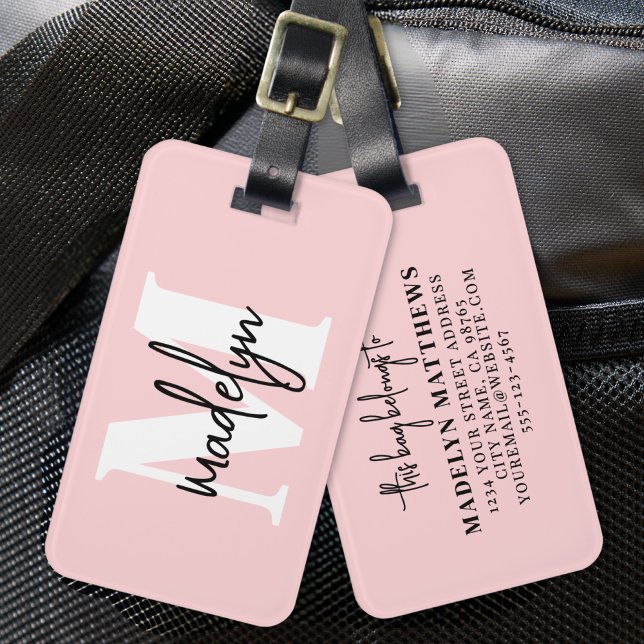 Name der modernen Girl Blush Pink Monogram Gepäckanhänger (Modern Girly Blush Pink Monogram Name Luggage Tag)