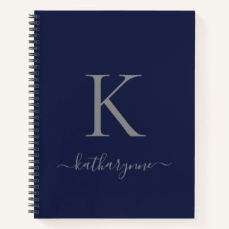 Name der modernen Navy Blue Silver Monogram Notizbuch