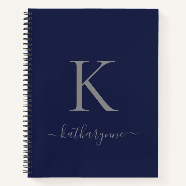 Name der modernen Navy Blue Silver Monogram Notizbuch (Vorderseite)