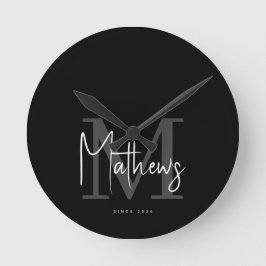 Name der modernen schwarzen Karkohle-Monogramm-Fam Runde Wanduhr