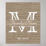 Name der Monogram Rustic Burlap-Familie Poster<br><div class="desc">Monogram Rustic Burlap Family Name Poster.</div>