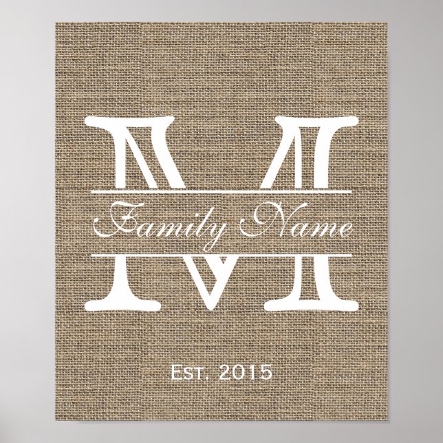 Name der Monogram Rustic Burlap-Familie Poster (Vorne)
