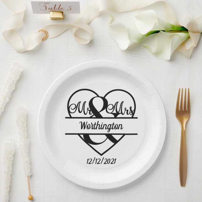 Name der Monogramm Datum Herzhochzeit Pappteller (Hochzeit)