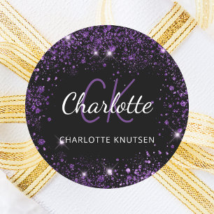 Name der Monogramm-Initialen des lila Glitzer Runder Aufkleber