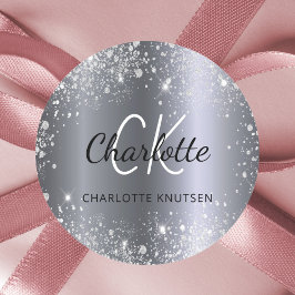 Name der Monogramm-Initialen des Silver Glitzer Runder Aufkleber