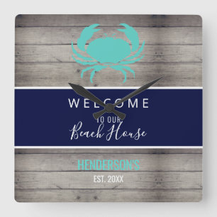 Name der Monogrammfamilie Nautical Beach Rustic Wo Quadratische Wanduhr