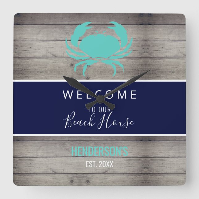 Name der Monogrammfamilie Nautical Beach Rustic Wo Quadratische Wanduhr (Vorderseite)