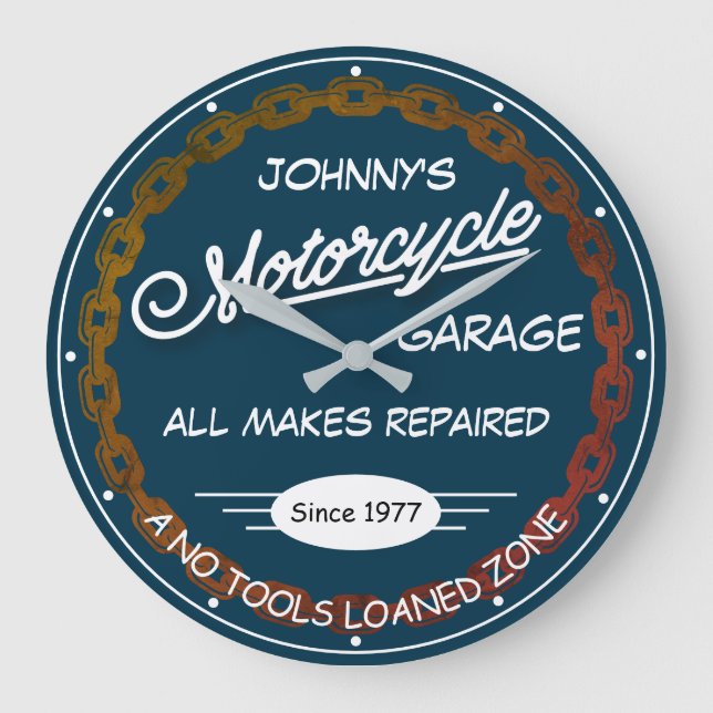 Name der Motorradgarage Datum der Kette weiß blau Große Wanduhr (Vorderseite)