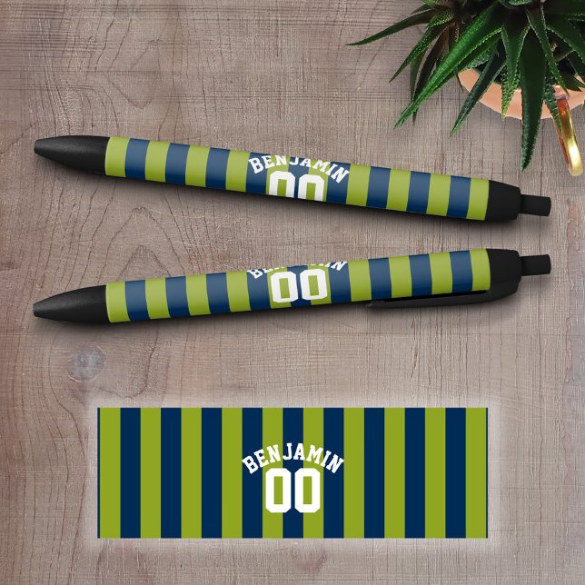 Name der nacht-blauen und lime-grünen Streifen Kugelschreiber (Personalized Writing Pens - add your name, monogram or other text)