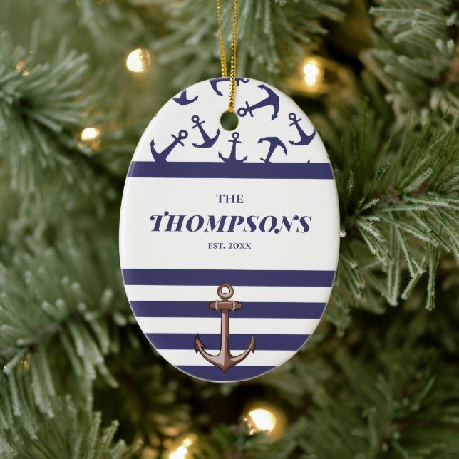 Name der Nautic Anchor Muster Navy Stripes Keramik Ornament (Baum)