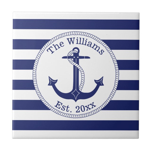 Name der Nautic Anchor Navy Blue Stripes Fliese (Vorderseite)