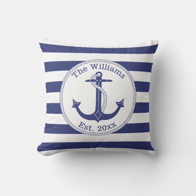Name der Nautic Anchor Navy Blue Stripes Kissen (Vorderseite)