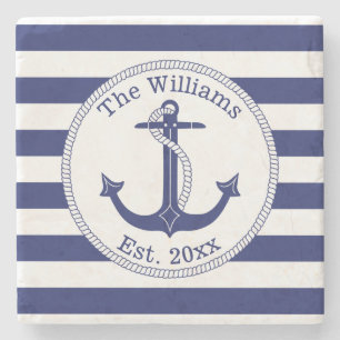 Name der Nautic Anchor Navy Blue Stripes Steinuntersetzer