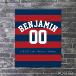 Name der Navy Blue und Red Rugby Stripes Poster<br><div class="desc">Ein personalisiertes sportliches und männliches Motiv für die Typ und Jungen in Ihrer Familie. Dieses Sportdesign ist perfekt für alle Sportler, die Fußball oder Baseball spielen. Ein kühnes und modernes Design mit einem Bereich für maßgeschneiderten Text oder Monogramm. Wenn Sie das Kunstwerk anpassen oder den Schriftart ändern möchten, können Sie...</div>