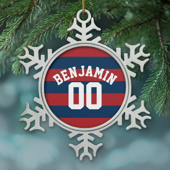 Name der Navy Blue und Red Rugby Stripes Schneeflocken Zinn-Ornament (Personalized Pewter Christmas Ornament)