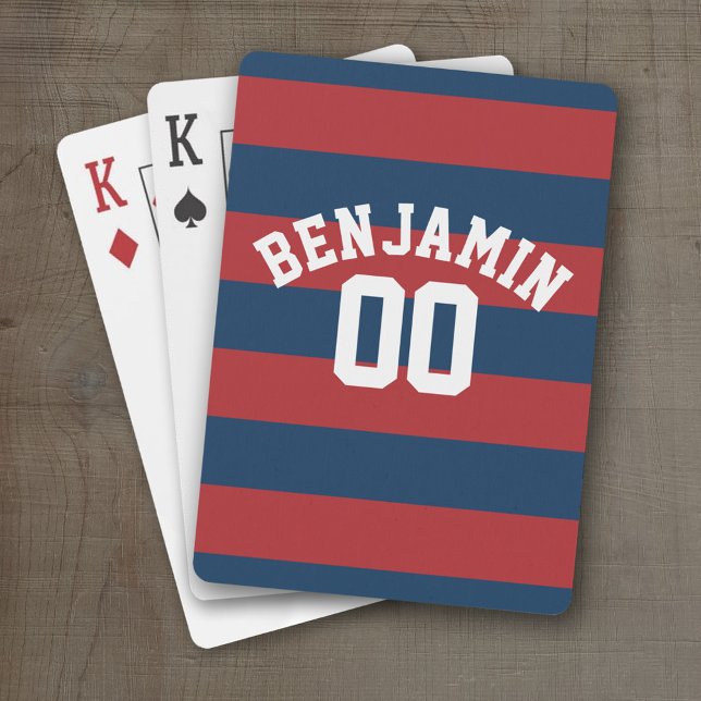Name der Navy Blue und Red Rugby Stripes Spielkarten (Personalized Playing Cards - Sports Design)