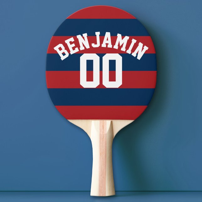 Name der Navy Blue und Red Rugby Stripes Tischtennis Schläger (Custom Ping Pong Paddle - Team or College colors Sports Jersey)