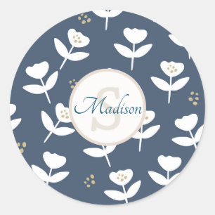 Name der niedlichen blauen und weißen Floral Runder Aufkleber