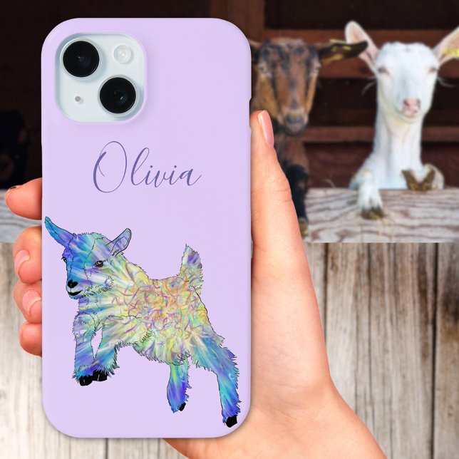 Name der niedlichen Pigmentziege Case-Mate iPhone Hülle (Cute baby goat jumping colorful illustration with custom name mobile phone case)