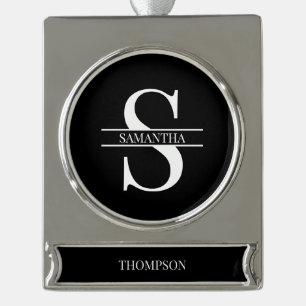 Name der personalisierten, eleganten Schwarz-Weiß- Banner-Ornament Silber