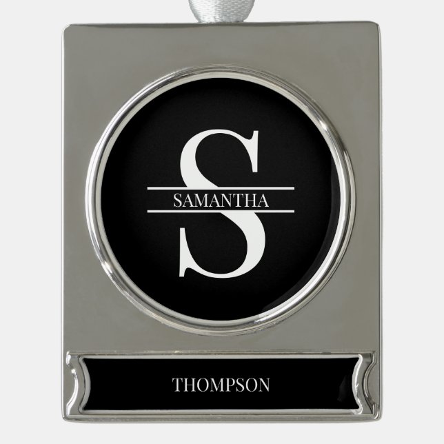 Name der personalisierten, eleganten Schwarz-Weiß- Banner-Ornament Silber (Vorderseite)