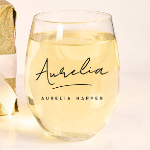 Name der personalisierten Monogram-Modernen Skript Weinglas Ohne Stiel