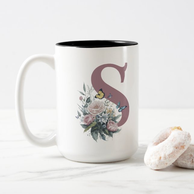 Name der personalisierten Monogramm-Blume Zweifarbige Tasse (Mit Donut)