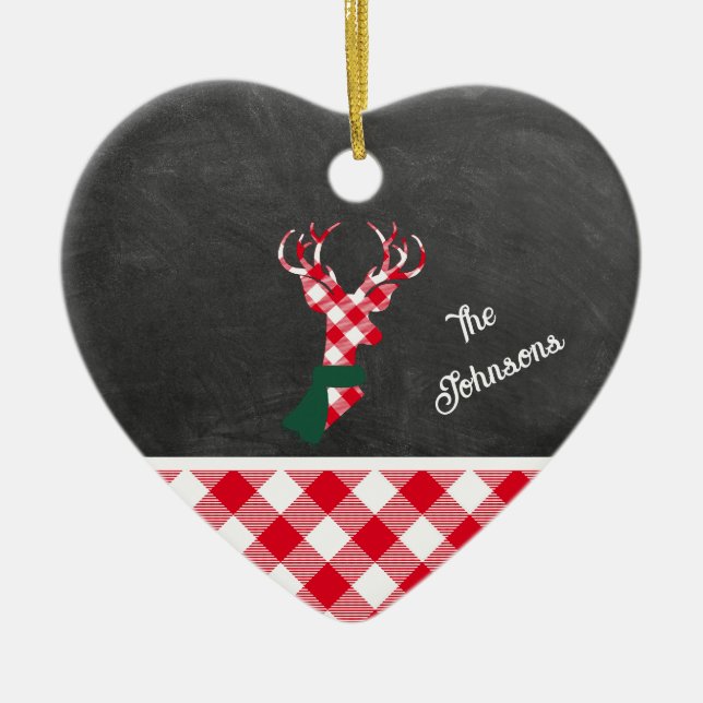 Name der Red Kariert Reindee Chalkboard Familie Keramik Ornament (Vorne)