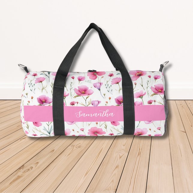 Name der rosa Aquarell-Wildblume  Duffle Bag (Von Creator hochgeladen)