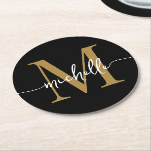 Name der Schwarz-Gold-Monogramm-Schrift Runder Pappuntersetzer