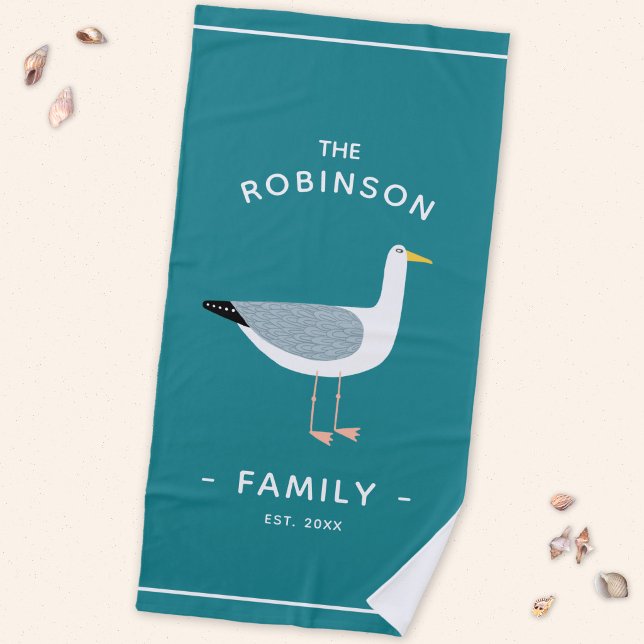 Name der Seagull-Familie Strandtuch (Seagull coastal family est date fun beach towel)