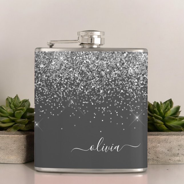 Name der Silver Gray Girly Glitzer Sparkle Monogra Flachmann (Von Creator hochgeladen)