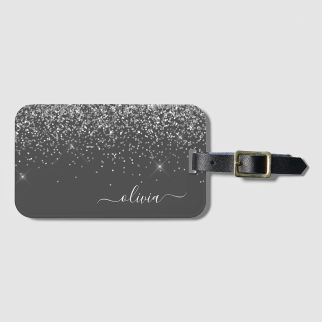 Name der Silver Gray Girly Glitzer Sparkle Monogra Gepäckanhänger (Vorderseite (Horizontal))