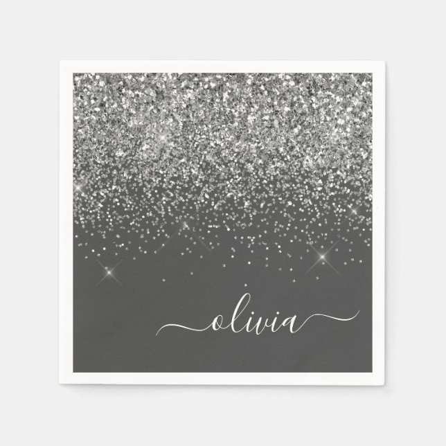 Name der Silver Gray Girly Glitzer Sparkle Monogra Serviette (Vorderseite)