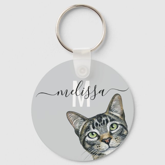 Name der Sneaky Cat Watercolor Monogram Schlüsselanhänger (Vorderseite)