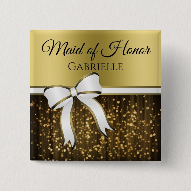 Name der Trauzeugin "White & Gold Ribbon Wedding" Button (Vorderseite)