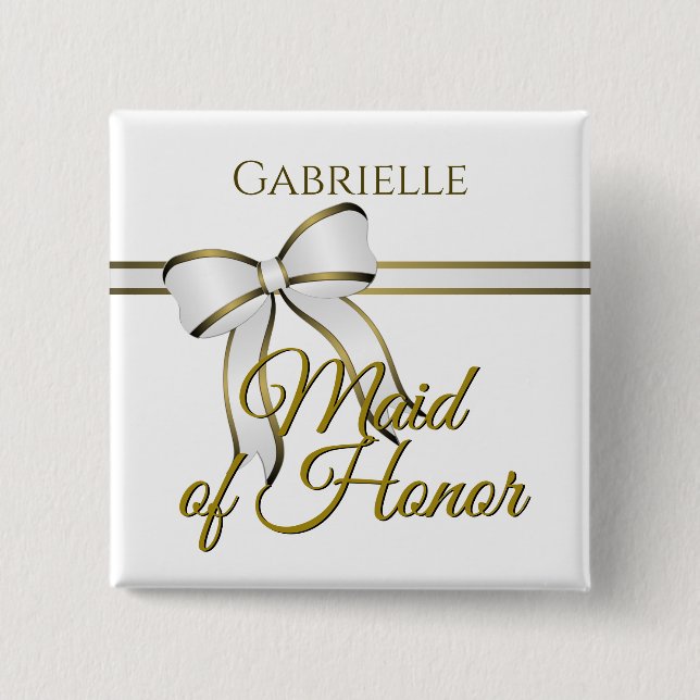 Name der Trauzeugin "White & Gold Ribbon Wedding" Button (Vorderseite)