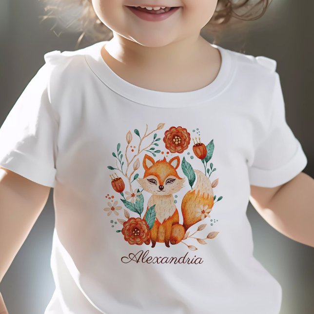 Name der verzierten Holzfuchs Whimsischer Wasserfa Kleinkind T-shirt (ornate floral fox shirt with custom child's name woodland forest theme cute girls shirt whimsical)