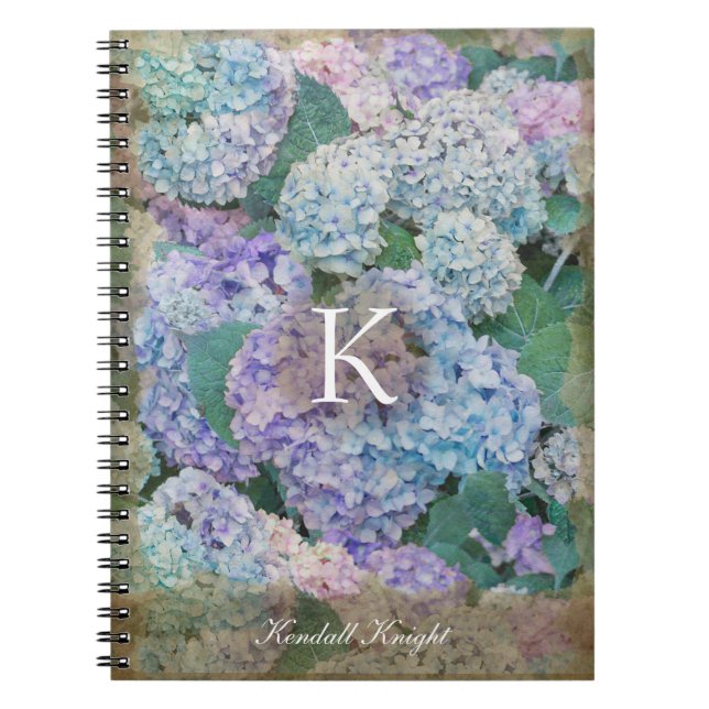 Name der Vintagen Blauen Hydrangea Floral Monogram Notizblock (Vorderseite)